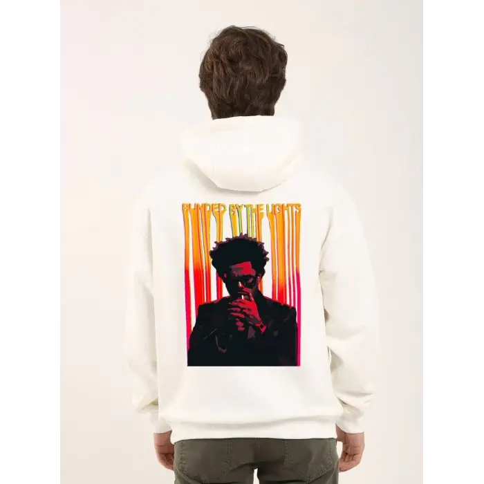 Erkek 3 İplik Pamuklu Kapüşonlu Baskılı Cepli Oversize Sweatshirt Hoodie - Beyaz