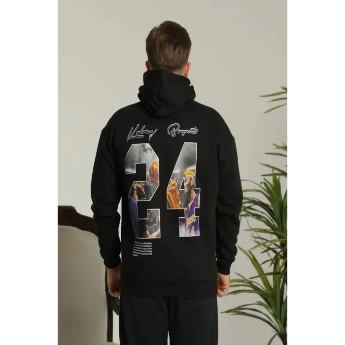 Erkek 3 İplik Pamuklu Kapüşonlu Baskılı Cepli Oversize Sweatshirt Hoodie - Siyah