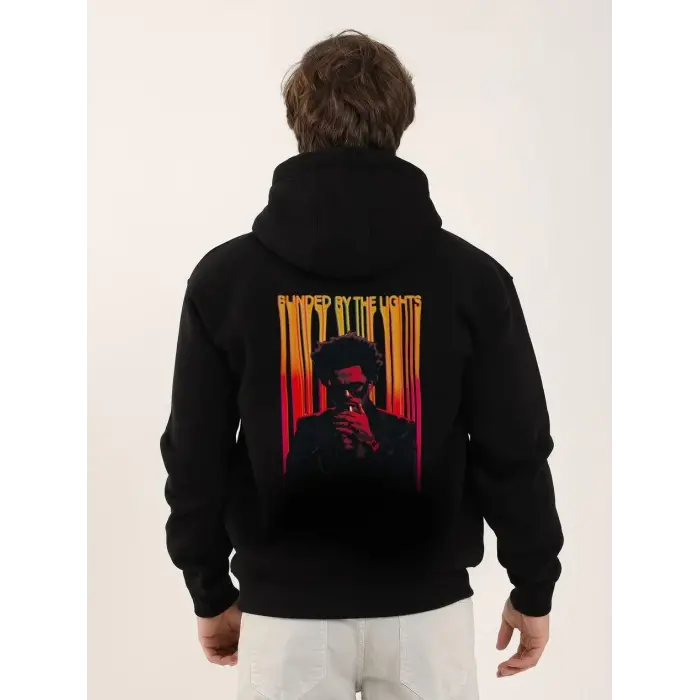 Erkek 3 İplik Pamuklu Kapüşonlu Baskılı Cepli Oversize Sweatshirt Hoodie - Siyah