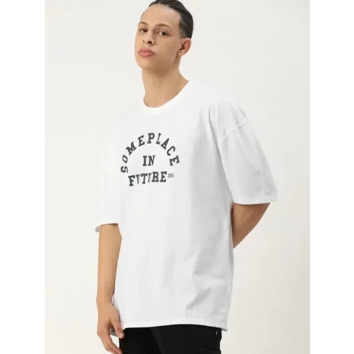 Erkek Kısa Kol Yazlık Tişört Bisiklet Yaka Baskılı Oversize T-Shirt - Beyaz