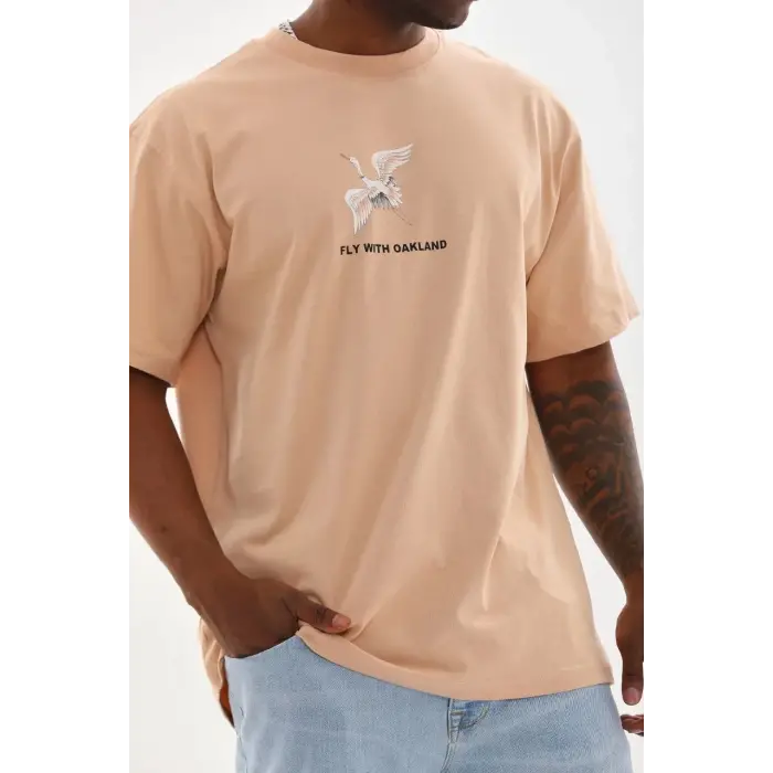 Erkek Baskılı T-Shirt Kısa Kol Bisiklet Yaka Rahat Kalıp Tişört - Bej