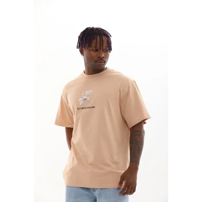 Erkek Baskılı T-Shirt Kısa Kol Bisiklet Yaka Rahat Kalıp Tişört - Bej