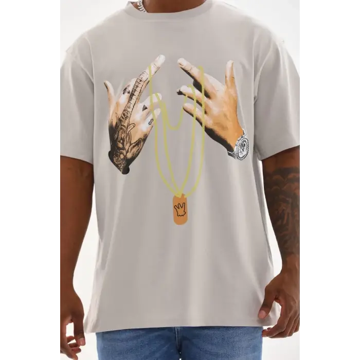 Erkek Baskılı T-Shirt Kısa Kol Bisiklet Yaka Rahat Kalıp Tişört - Gri