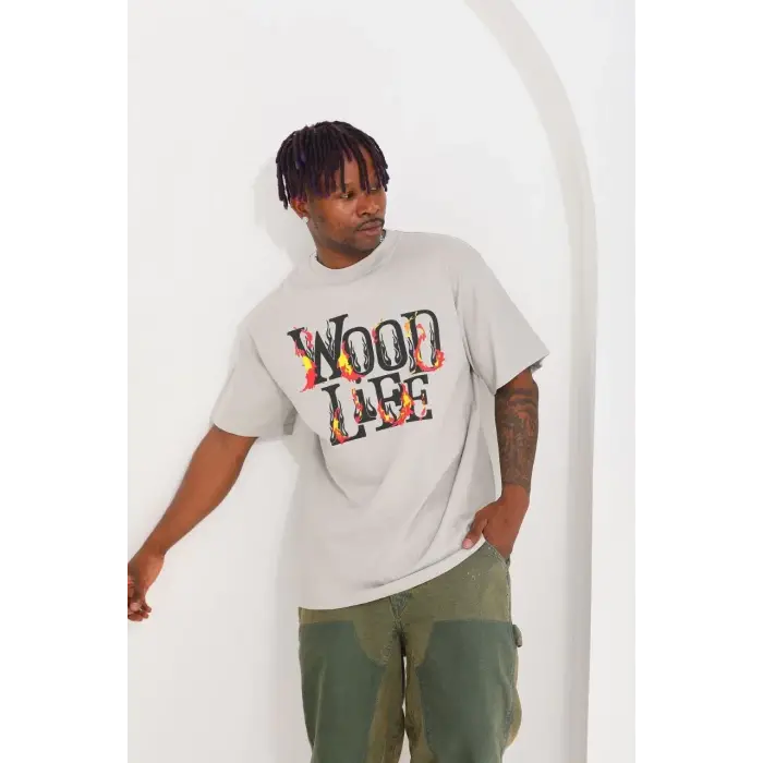 Erkek Kısa Kol Yazlık Tişört Bisiklet Yaka Baskılı Oversize T-Shirt - Gri