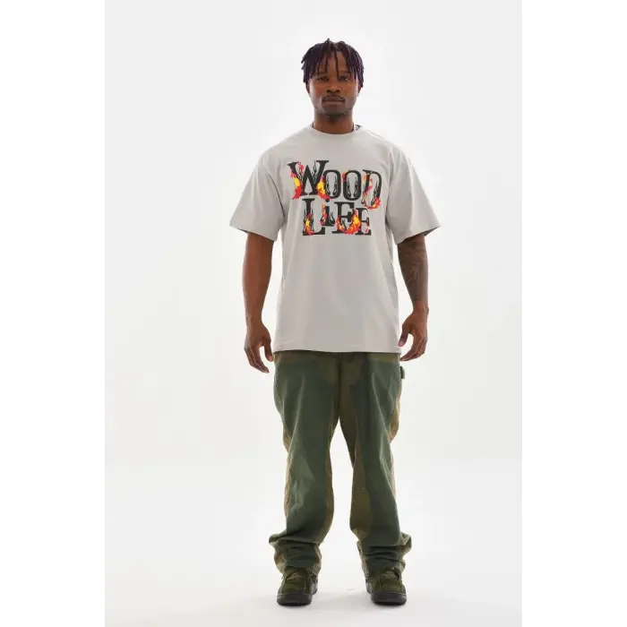 Erkek Kısa Kol Yazlık Tişört Bisiklet Yaka Baskılı Oversize T-Shirt - Gri