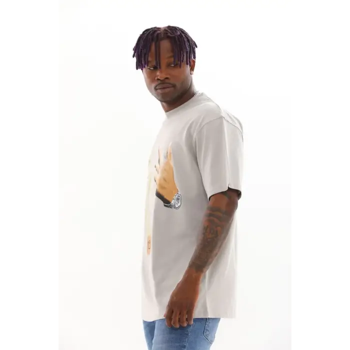 Erkek Baskılı T-Shirt Kısa Kol Bisiklet Yaka Rahat Kalıp Tişört - Gri