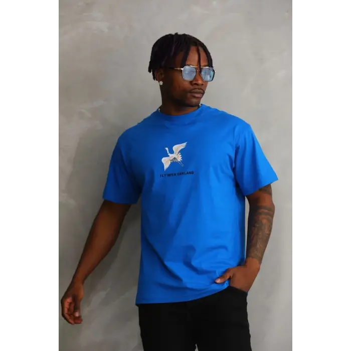 Erkek Baskılı T-Shirt Kısa Kol Bisiklet Yaka Rahat Kalıp Tişört - Mavi