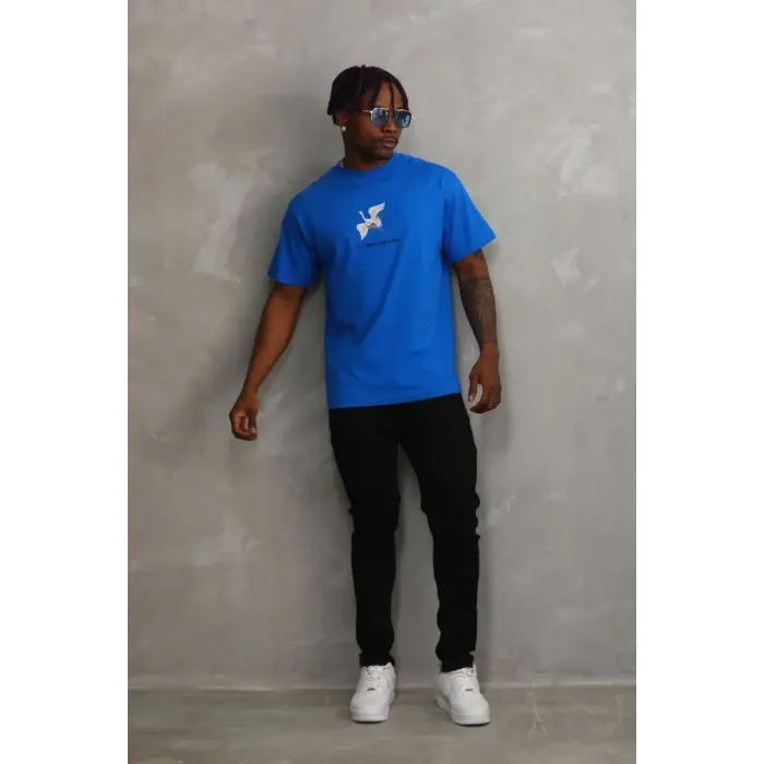 Erkek Baskılı T-Shirt Kısa Kol Bisiklet Yaka Rahat Kalıp Tişört - Mavi