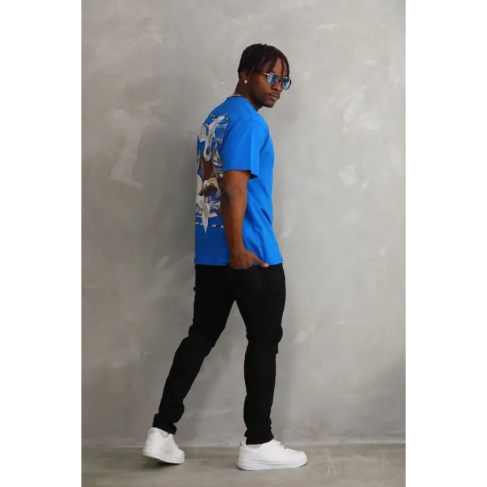 Erkek Baskılı T-Shirt Kısa Kol Bisiklet Yaka Rahat Kalıp Tişört - Mavi