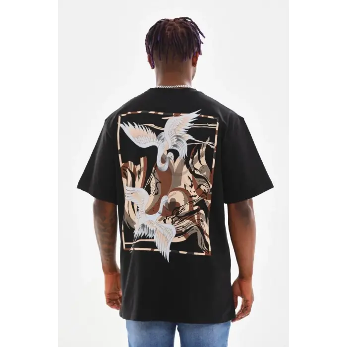 Erkek Baskılı T-Shirt Yazlık Kısa Kol Bisiklet Yaka Tişört - Siyah