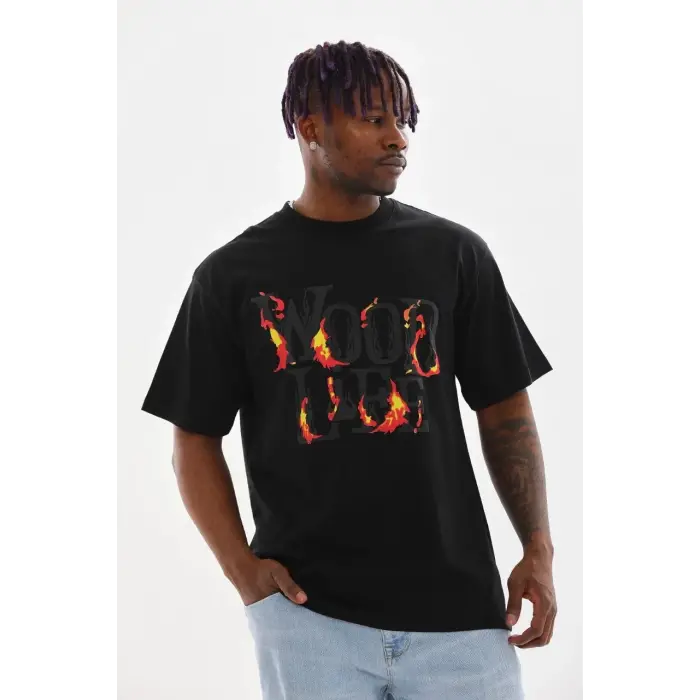 Erkek Baskılı T-Shirt Kısa Kol Bisiklet Yaka Rahat Kalıp Tişört - Siyah