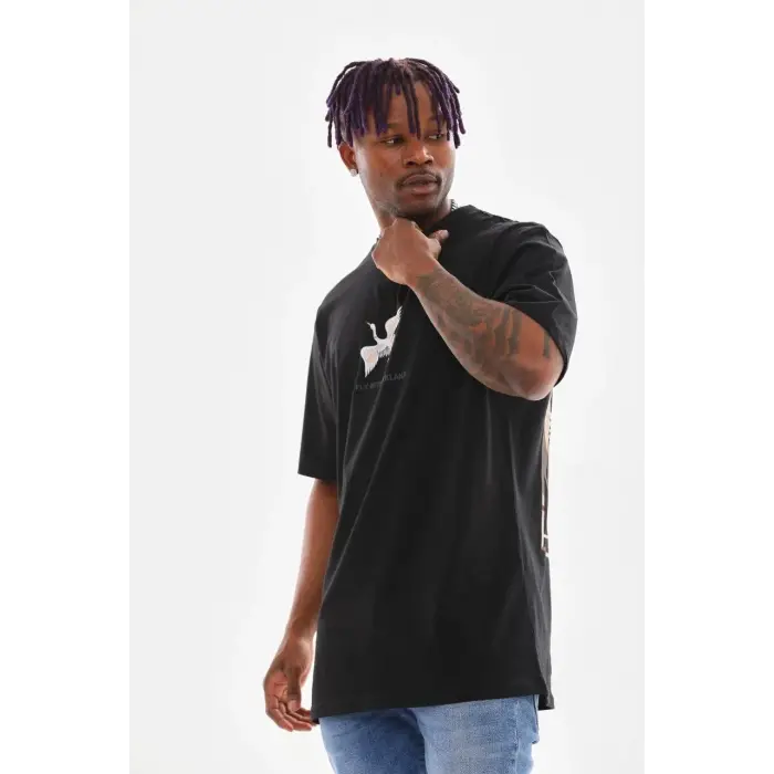 Erkek Baskılı T-Shirt Yazlık Kısa Kol Bisiklet Yaka Tişört - Siyah