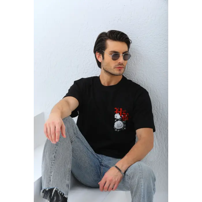 Erkek Baskılı T-Shirt Kısa Kol Bisiklet Yaka Rahat Kalıp Tişört  - Siyah