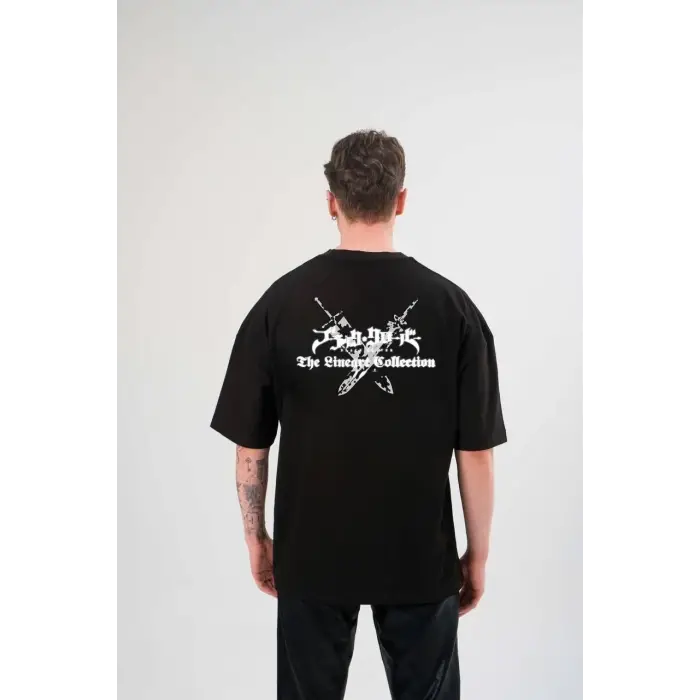 Erkek Kısa Kol Tişört Bisiklet Yaka YONCA Baskılı Oversize T-Shirt - Siyah