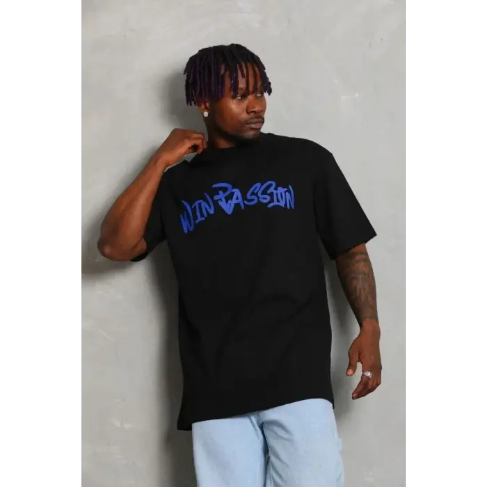 Erkek Baskılı T-Shirt Kısa Kol Bisiklet Yaka Regular Fit Tişört - Siyah