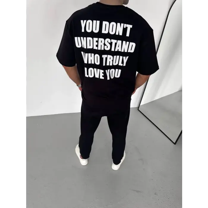 Erkek Baskılı T-Shirt Kısa Kol Bisiklet Yaka Regular Fit Rahat Kalıp Günlük Tişört - Siyah