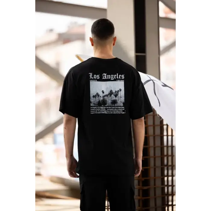 Erkek Kısa Kol Yazlık Tişört Bisiklet Yaka Baskılı Oversize T-Shirt - Siyah