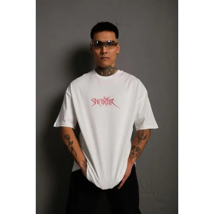 Erkek Baskılı T-Shirt Oversize Kısa kol Bisiklet yaka tişort - Beyaz