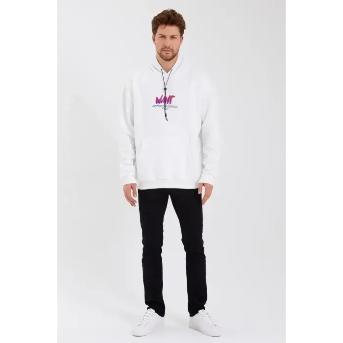 Erkek 3 İplik Pamuklu Kapüşonlu Baskılı Cepli Oversize Sweatshirt Hoodie - Beyaz