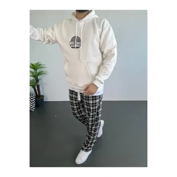 Erkek 3 İplik Pamuklu Kapüşonlu Baskılı Cepli Oversize Sweatshirt Hoodie - Beyaz