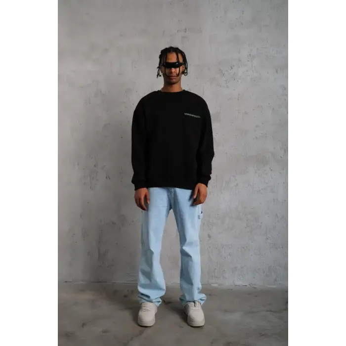 Erkek Bisiklet Yaka Baskılı 3 iplik pamuklu Sweatshirt - Siyah