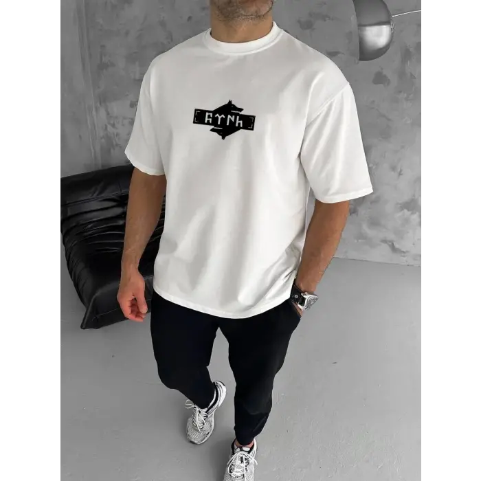 Erkek Kısa Kol Yazlık Tişört Bisiklet Yaka Baskılı Oversize T-Shirt - Beyaz