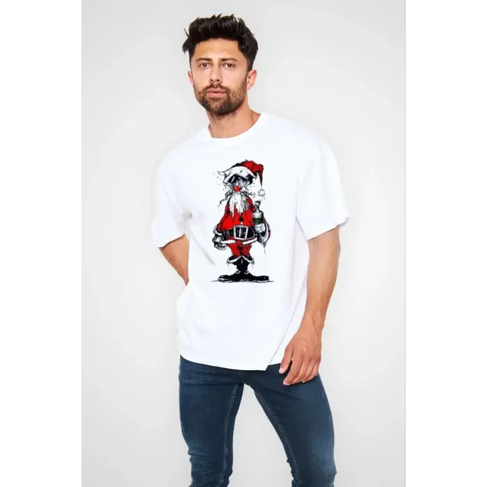 Erkek Kısa Kol Tişört Bisiklet Yaka Yeni Yıl Baskılı T-Shirt - Beyaz