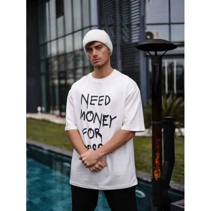 Erkek Kısa Kol Yazlık Tişört Bisiklet Yaka Baskılı Oversize T-Shirt - Beyaz