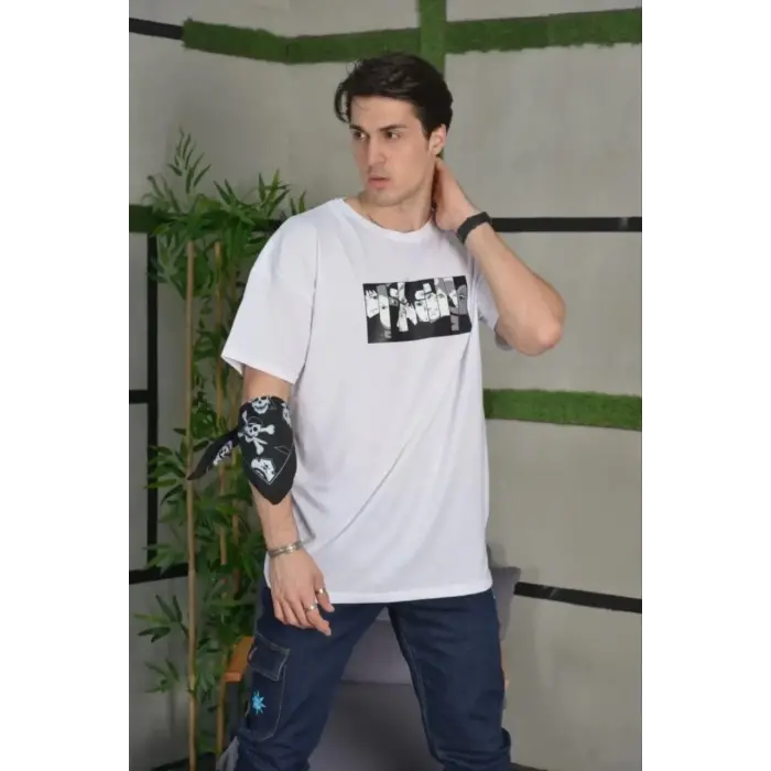 Erkek Kısa Kol Yazlık Tişört Bisiklet Yaka Baskılı Oversize T-Shirt - Beyaz