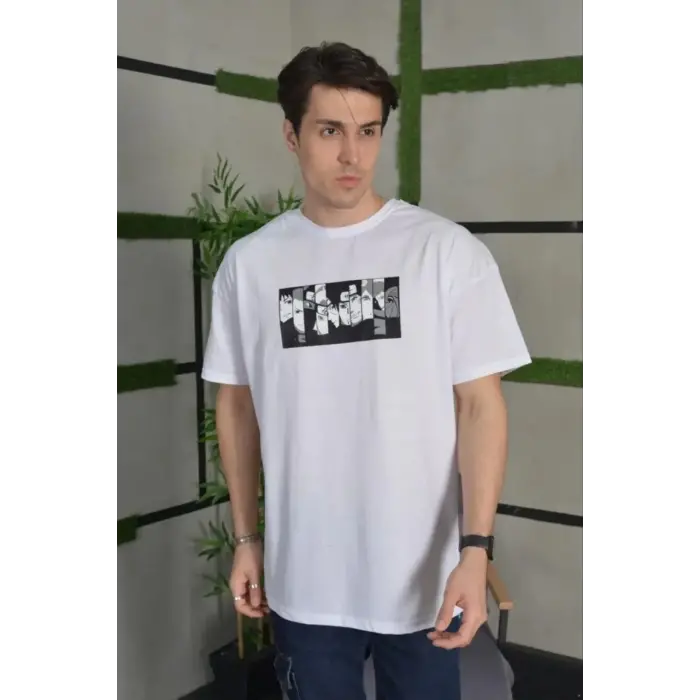 Erkek Kısa Kol Yazlık Tişört Bisiklet Yaka Baskılı Oversize T-Shirt - Beyaz