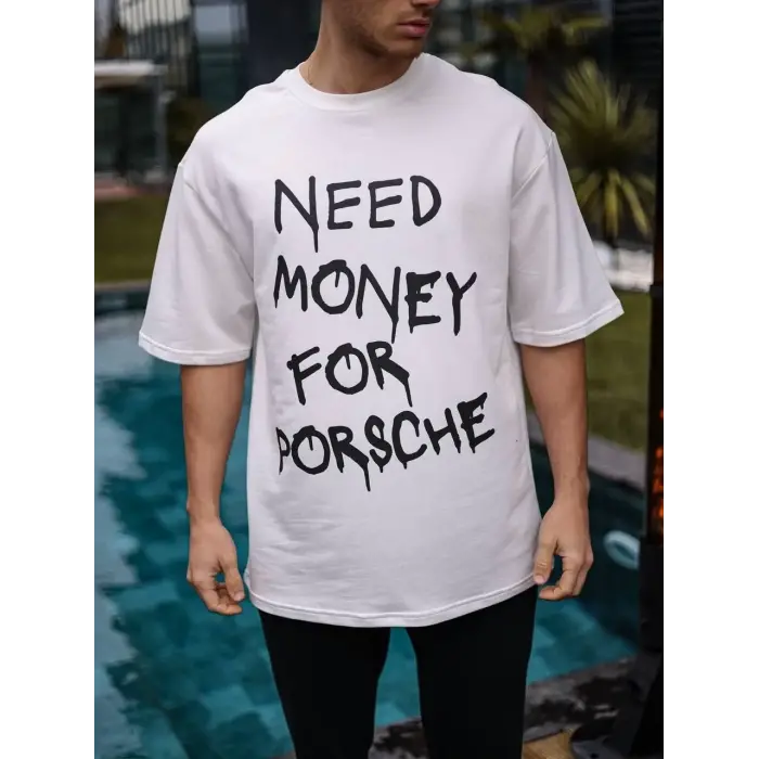 Erkek Kısa Kol Yazlık Tişört Bisiklet Yaka Baskılı Oversize T-Shirt - Beyaz