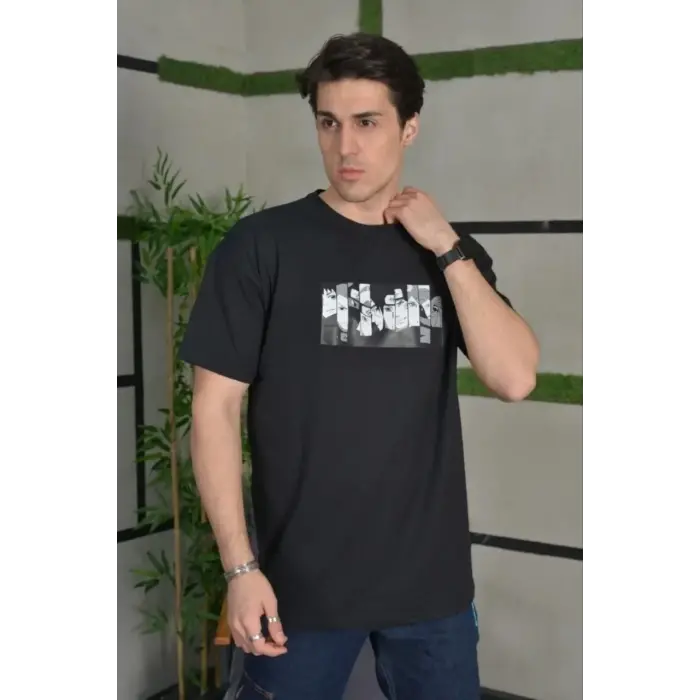 Erkek Kısa Kol Yazlık Tişört Bisiklet Yaka Baskılı Oversize T-Shirt - Siyah