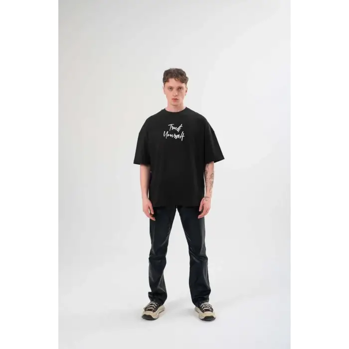 Erkek Kısa Kol Yazlık Tişört Bisiklet Yaka Baskılı Oversize T-Shirt - Siyah