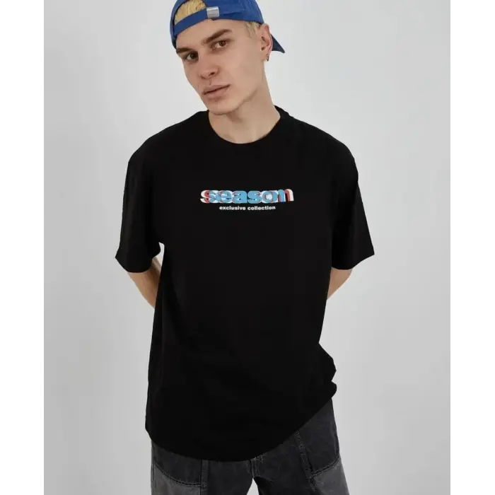 Erkek Kısa Kol Yazlık Tişört Bisiklet Yaka Baskılı Oversize T-Shirt - Siyah