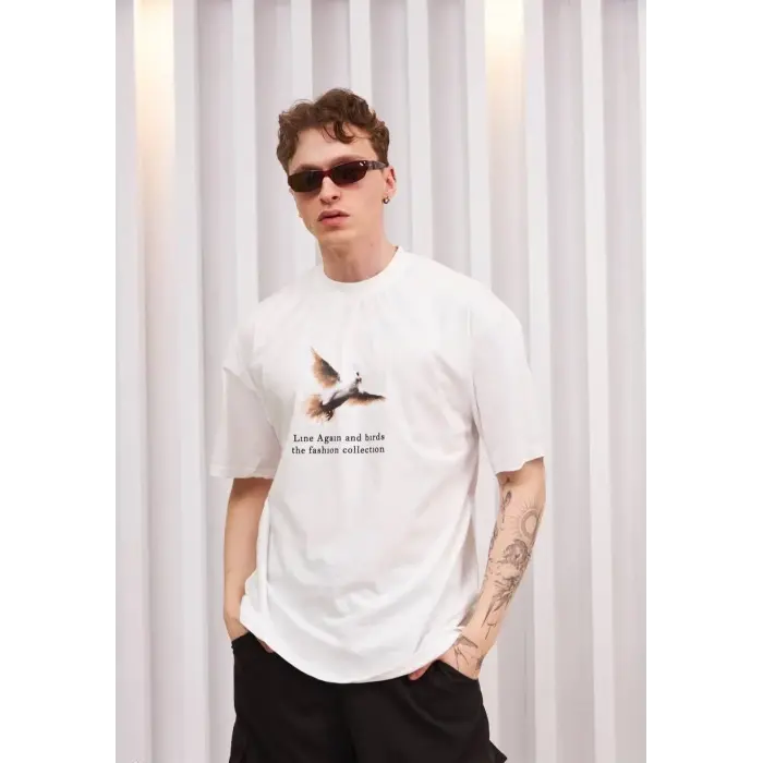 Erkek Kısa Kol Yazlık Tişört Bisiklet Yaka Baskılı Oversize T-Shirt - Siyah