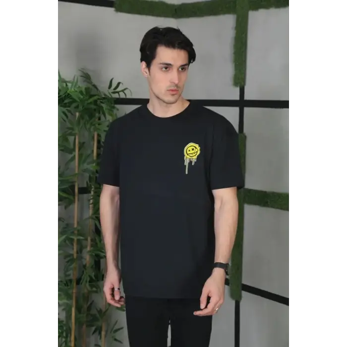 Erkek Kısa Kol Yazlık Tişört Bisiklet Yaka Baskılı Oversize T-Shirt - Siyah