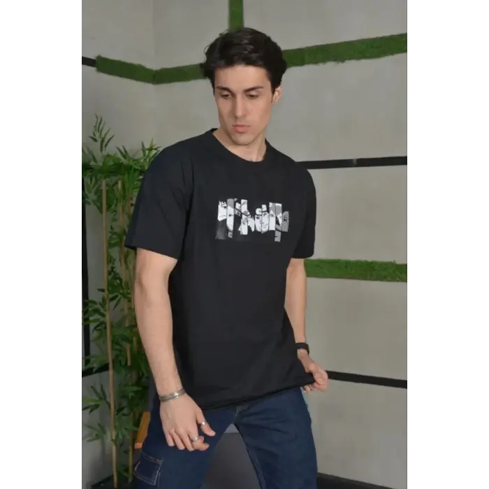 Erkek Kısa Kol Yazlık Tişört Bisiklet Yaka Baskılı Oversize T-Shirt - Siyah