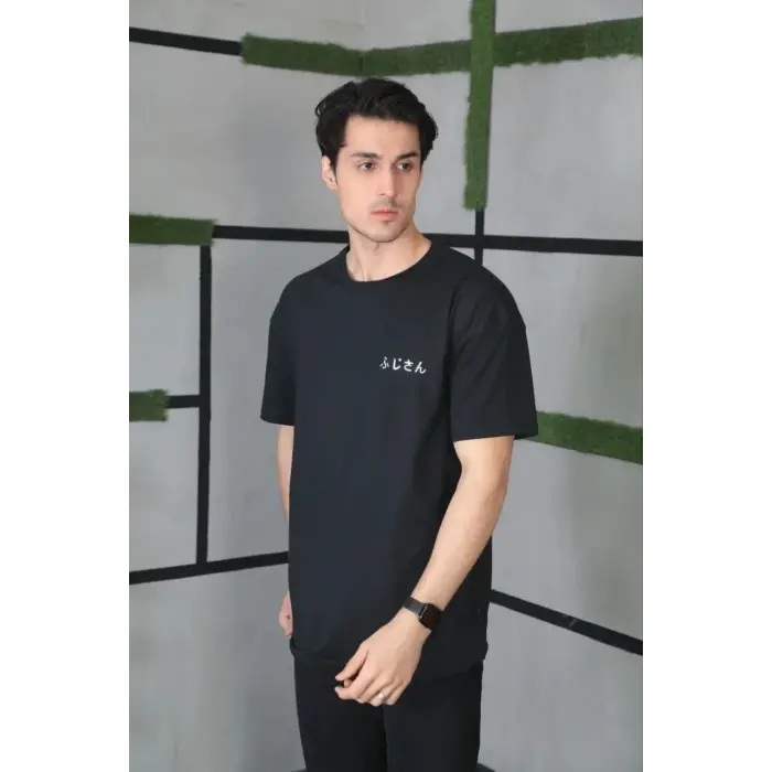 Erkek Kısa Kol Yazlık Tişört Bisiklet Yaka Baskılı Oversize T-Shirt - Siyah