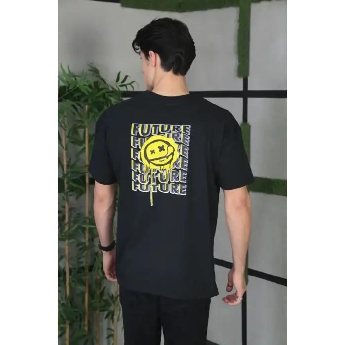 Erkek Kısa Kol Yazlık Tişört Bisiklet Yaka Baskılı Oversize T-Shirt - Siyah