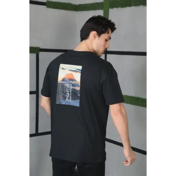 Erkek Kısa Kol Yazlık Tişört Bisiklet Yaka Baskılı Oversize T-Shirt - Siyah