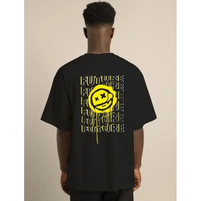 Erkek Kısa Kol Yazlık Tişört Bisiklet Yaka Baskılı Oversize T-Shirt - Siyah