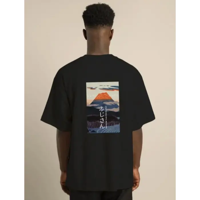 Erkek Kısa Kol Yazlık Tişört Bisiklet Yaka Baskılı Oversize T-Shirt - Siyah