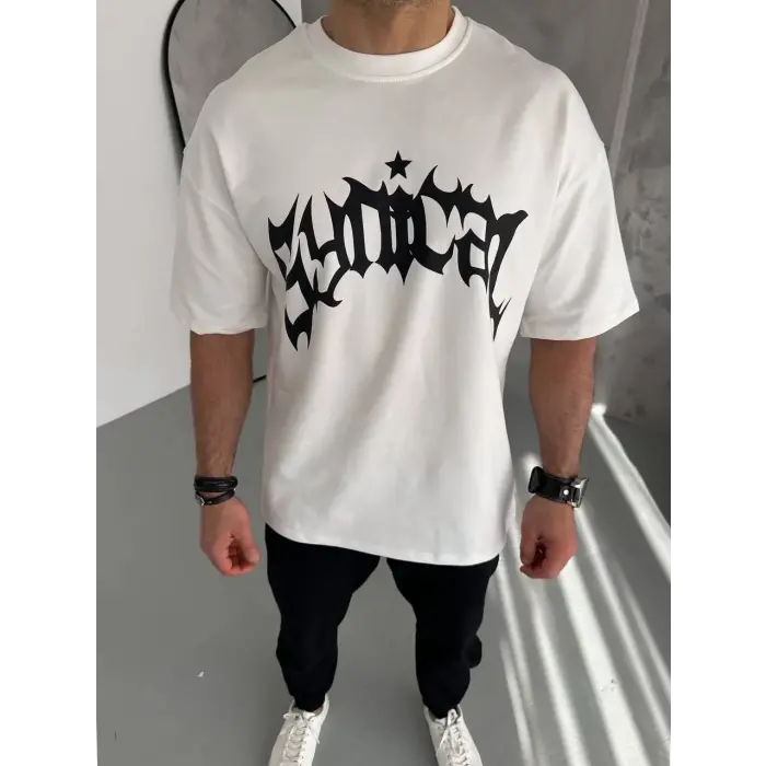 ERKEK Tişört Bisiklet Yaka Baskılı Kısa kol T-Shirt - Beyaz