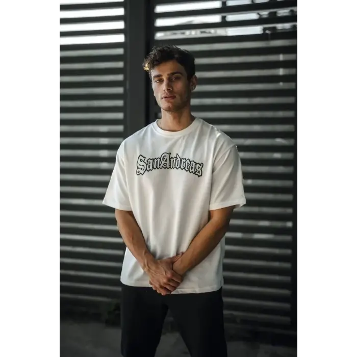 Erkek Kısa Kol Yazlık Tişört Bisiklet Yaka Baskılı Oversize T-Shirt - Beyaz