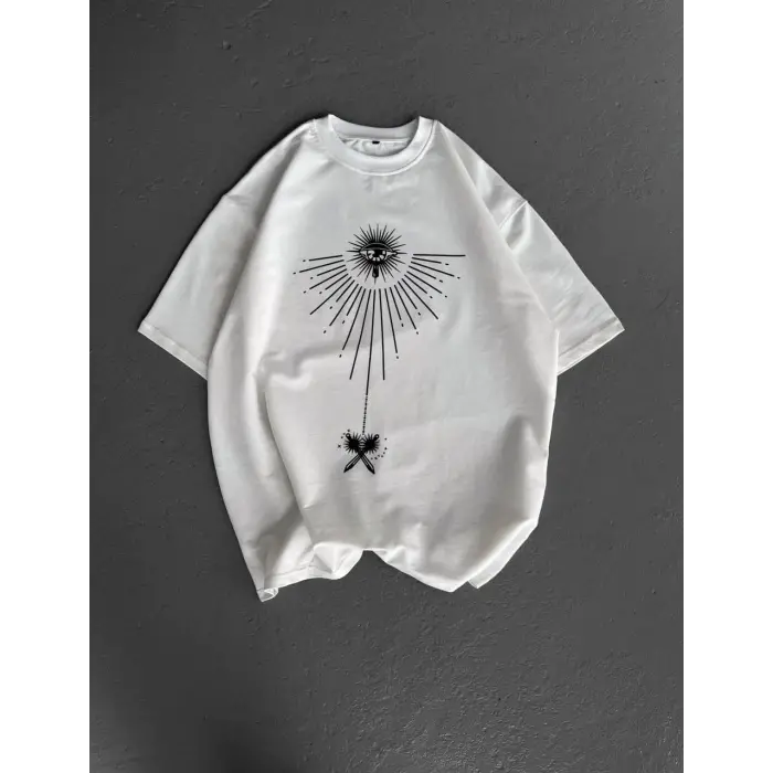Erkek Kısa Kol Tişört Bisiklet Yaka GÜL Baskılı Oversize T-Shirt - Beyaz