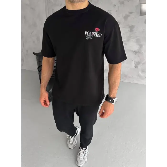 Erkek Kısa Kol Yazlık Tişört Bisiklet Yaka Baskılı Oversize T-Shirt - Siyah