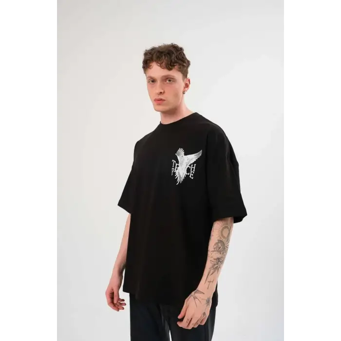 Erkek Kısa Kol Yazlık Tişört Bisiklet Yaka Baskılı Oversize T-Shirt - Siyah