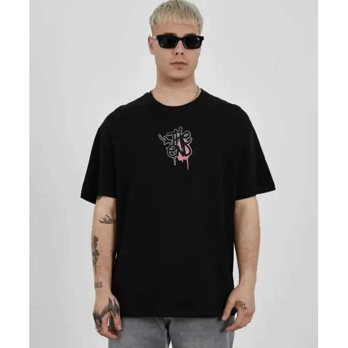 Erkek Kısa Kol Yazlık Tişört Bisiklet Yaka Baskılı Oversize T-Shirt -  Siyah