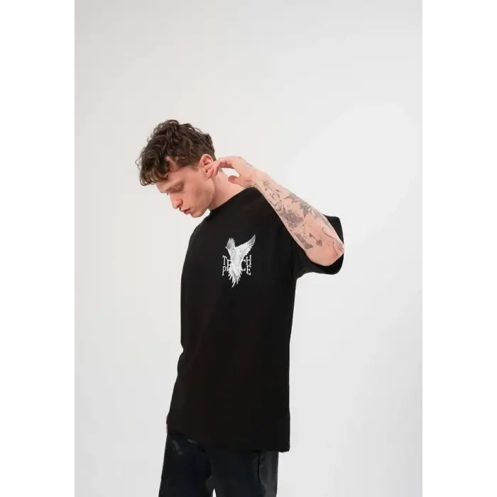 Erkek Kısa Kol Yazlık Tişört Bisiklet Yaka Baskılı Oversize T-Shirt - Siyah