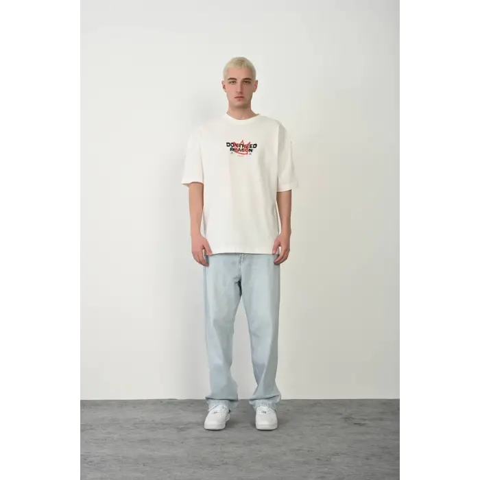 Erkek Kısa Kol Yazlık Tişört Bisiklet Yaka Baskılı Oversize T-Shirt - Beyaz